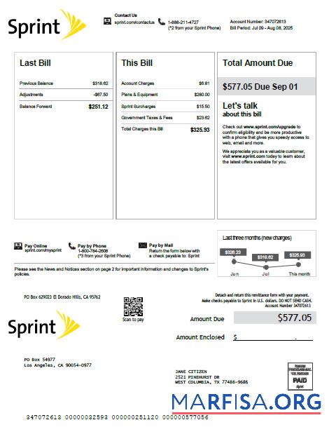 Blank USA Sprint utility bill template in Word and PDF formats, version 3